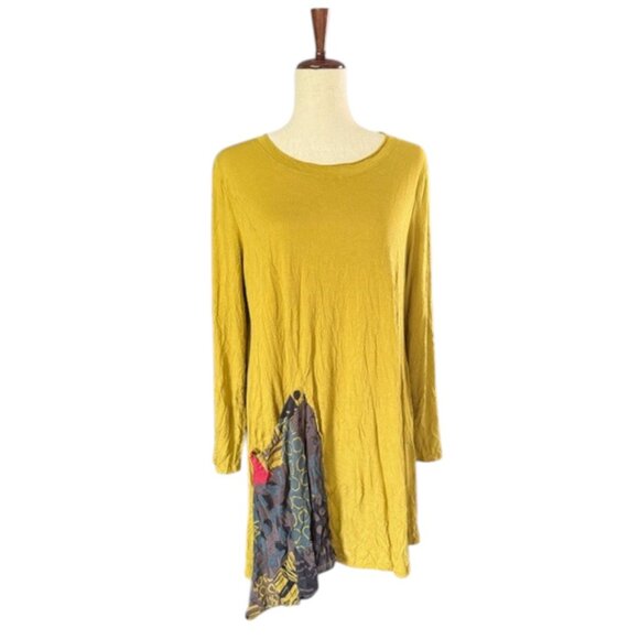 CHALET ET CECI Women Mustard Tunic Top Asymmetrical Hem Lagenlook Crinkle S NWOT - Picture 4 of 16